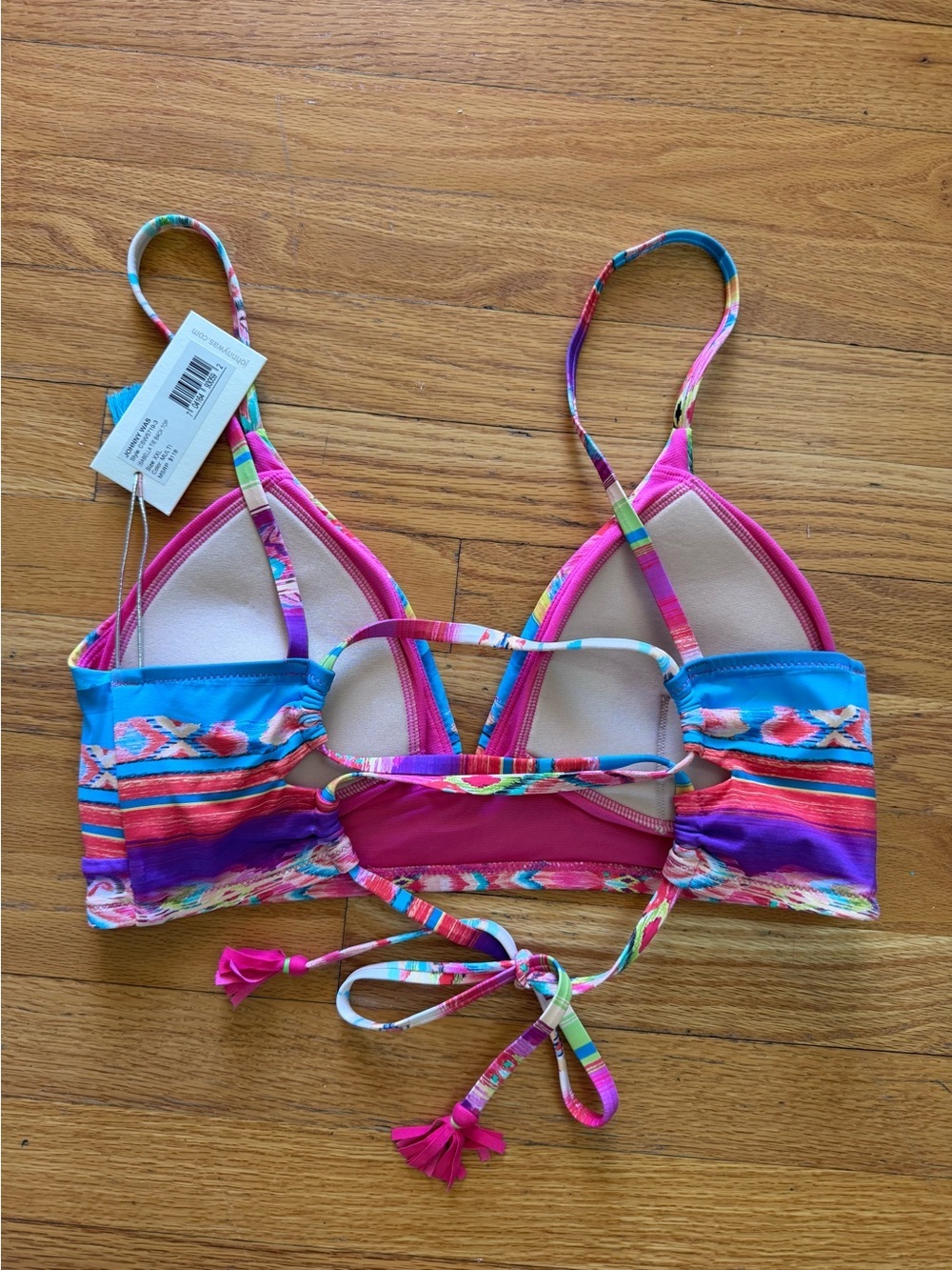Johnny Was NWT Isabella Tie Back Striped Bikini Top — Blue, Pink, Yellow - Picture 4 of 6
